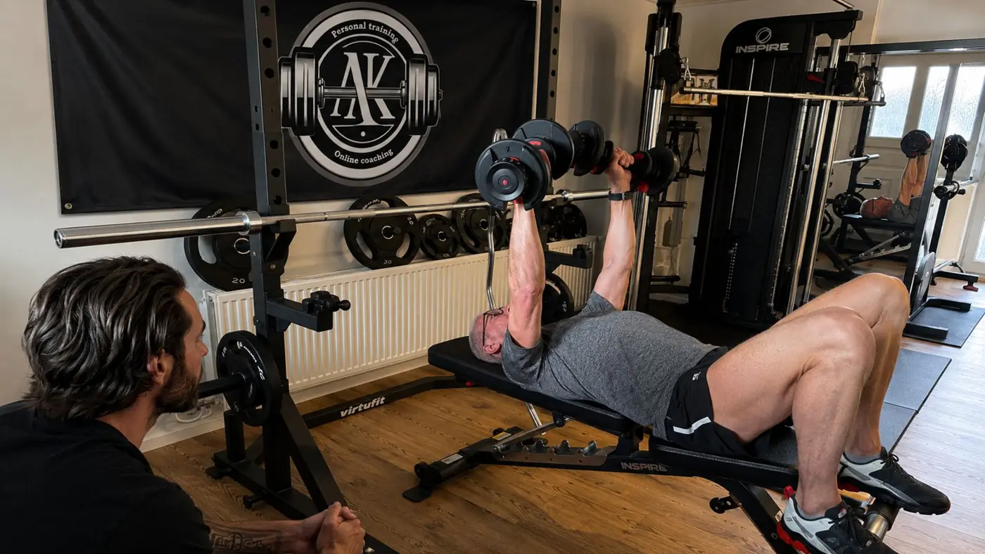 Klant op de bank met dumbbells in de privé studio, Angelo kijkt mee